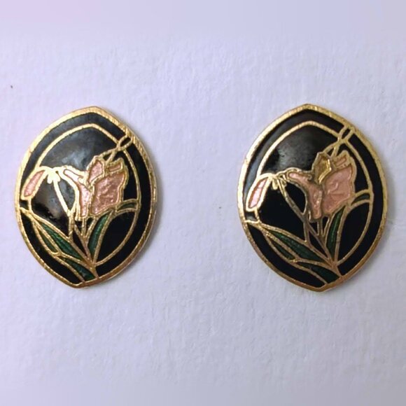 vintage gold-tone art deco lily cloisonne enamel post earrings - Picture 1 of 3